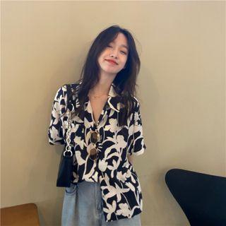 Printed Button-up Oversize Shirt Black Floral - One Size