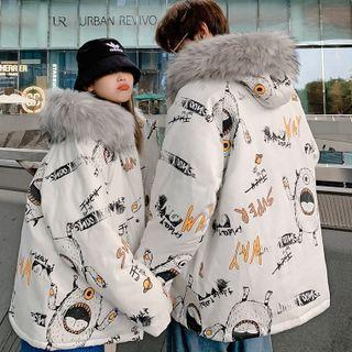 Fluffy Trim Hooded Print Jacket