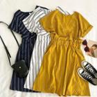 Color-block V-neck Striped Short-sleeve Dress