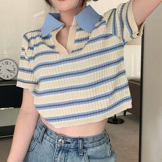 Short-sleeve Striped Knit Crop Polo Shirt