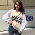 Mock Two-piece Balloon-sleeve Chevron Blouse