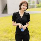 Ruffle-neck Peplum Wrap Blouse