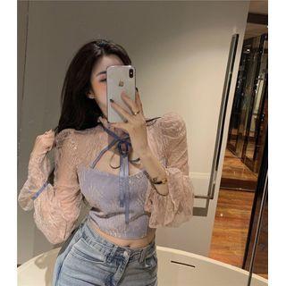 Mock-neck Lace Up Lace Panel Long-sleeve Cropped Top