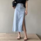 Applique Denim Midi Pencil Skirt