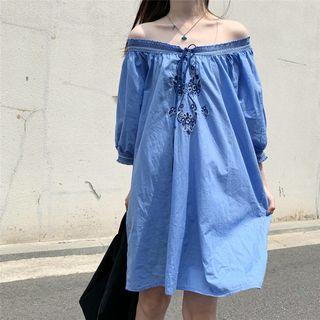 3/4-sleeve Embroidered Tunic Dress Blue - One Size