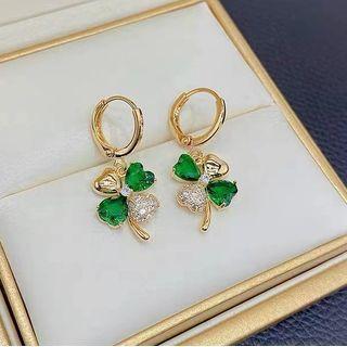 Clover Rhinestone Alloy Dangle Earring 1 Pair - Green & Gold - One Size