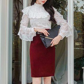Ruffle Trim Blouse / Mini Pencil Skirt / Set