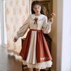 Set: Long-sleeve Lace Trim Midi Collared Dress + Flower Embroidered A-line Skirt