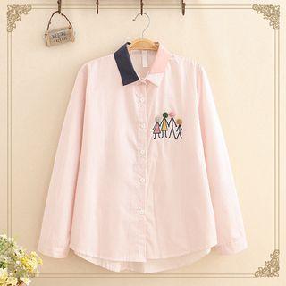 Color-block Collar Embroidered Long-sleeve Shirt