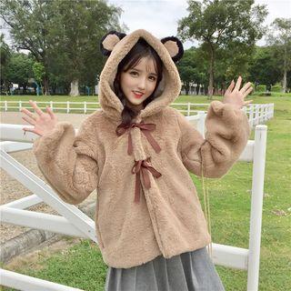 Bear Ear Fleece Hooded Jacket Khaki - One Size