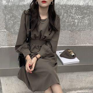 Ruched Long-sleeve A-line Midi Dress Coffee - One Size