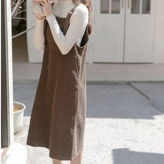 Plain Corduroy Jumper Dress Dark Coffee - One Size