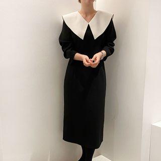 Long-sleeve Wide-collar Midi Sheath Dress Black - One Size