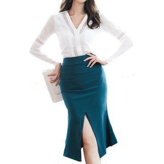 Long-sleeve Top / Fitted Midi Skirt