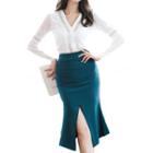 Long-sleeve Top / Fitted Midi Skirt