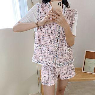 Sleeveless V-neck Fringed Tweed Jacket