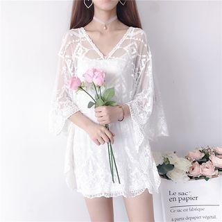 Set: Lace Long-sleeve Cover-up + Plain Slipdress