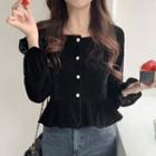 Flared-cuff Velvet Peplum Blouse