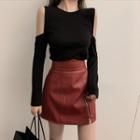 Cold-shoulder Plain T-shirt + High-waist Skirt