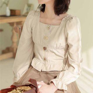 Long-sleeve Square-neck Smocked Buttoned Blouse Khaki - One Size