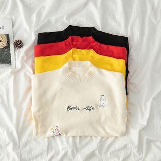 Lettering Cartoon Embroidered Round Neck Sweater