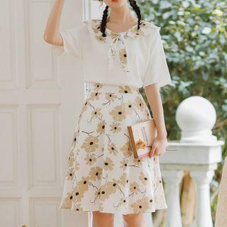 Set: Short-sleeve Tie-neck Blouse + Floral Print Midi A-line Skirt