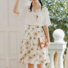 Set: Short-sleeve Tie-neck Blouse + Floral Print Midi A-line Skirt