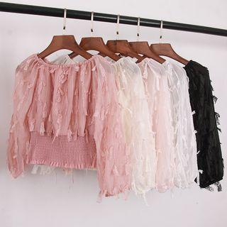 Long-sleeve Feather-accent Smocked Top