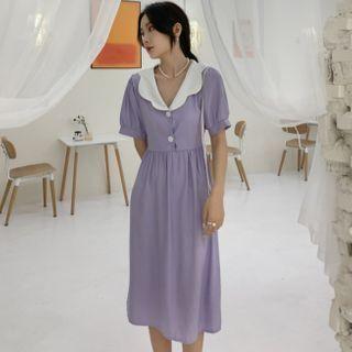 Contrast Collar Short-sleeve Button Midi A-line Dress