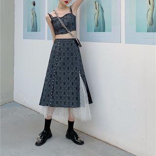 Cropped Camisole Top / Mesh Trim Midi A-line Skirt / Set