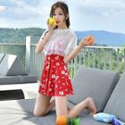 Set: Strappy Floral Print Swimdress + Short-sleeve Sheer Top