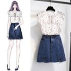 Floral Print Bow Sleeveless Blouse / A-line Denim Skirt / Set