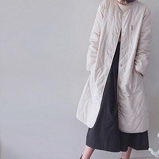 Round-neck Quilted Padded Long Jacket Black - One Size