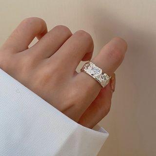 Textured Rhinestone Alloy Open Ring Silver - One Size