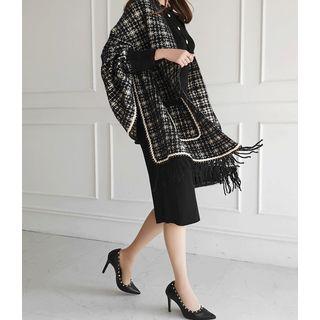 Fringed-hem Checked Wool Blend Shawl Cardigan