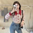 Plaid Collared Long-sleeve Cropped Top