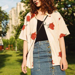 Elbow-sleeve Rose Printed Shirt