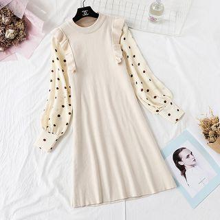 Mock Two-piece Dotted Balloon-sleeve Knit Dress