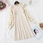 Mock Two-piece Dotted Balloon-sleeve Knit Dress