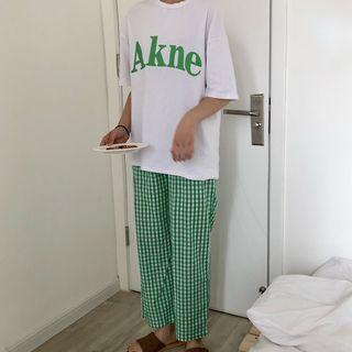 Set: Elbow-sleeve Lettering T-shirt + Cropped Plaid Pants