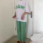 Set: Elbow-sleeve Lettering T-shirt + Cropped Plaid Pants