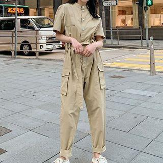 Short-sleeve Stand Collar Cargo Jumpsuit