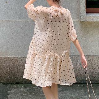 Dot Print Puff-sleeve Loose-fit Midi Dress Almond - One Size