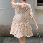 Dot Print Puff-sleeve Loose-fit Midi Dress Almond - One Size