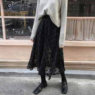 Chiffon Dotted A-line Midi Skirt Black - One Size