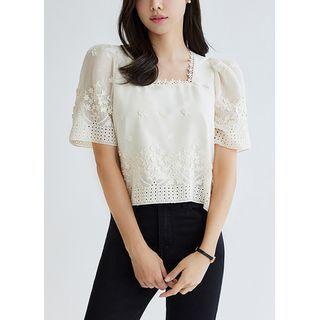 Square-neck Flower Lace Blouse Cream - One Size