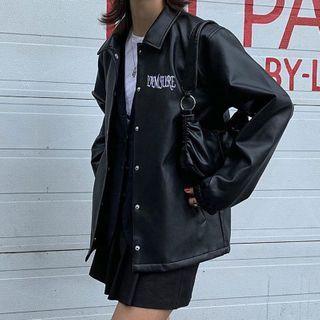 Letter Embroidered Faux Leather Shirt Jacket