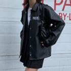 Letter Embroidered Faux Leather Shirt Jacket