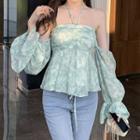 Bell-sleeve Off-shoulder Halter Neck Floral Blouse