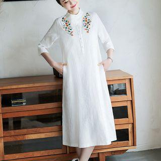Floral Embroidered Elbow-sleeve Midi Shirt Dress